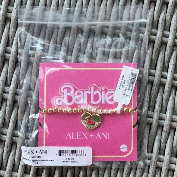 ALEX + ANI NEW SHINY GOLD BARBIE THE MOVIE HEART STRETCH BRACELET FLAMINGO BEACH - Picture 5 of 5